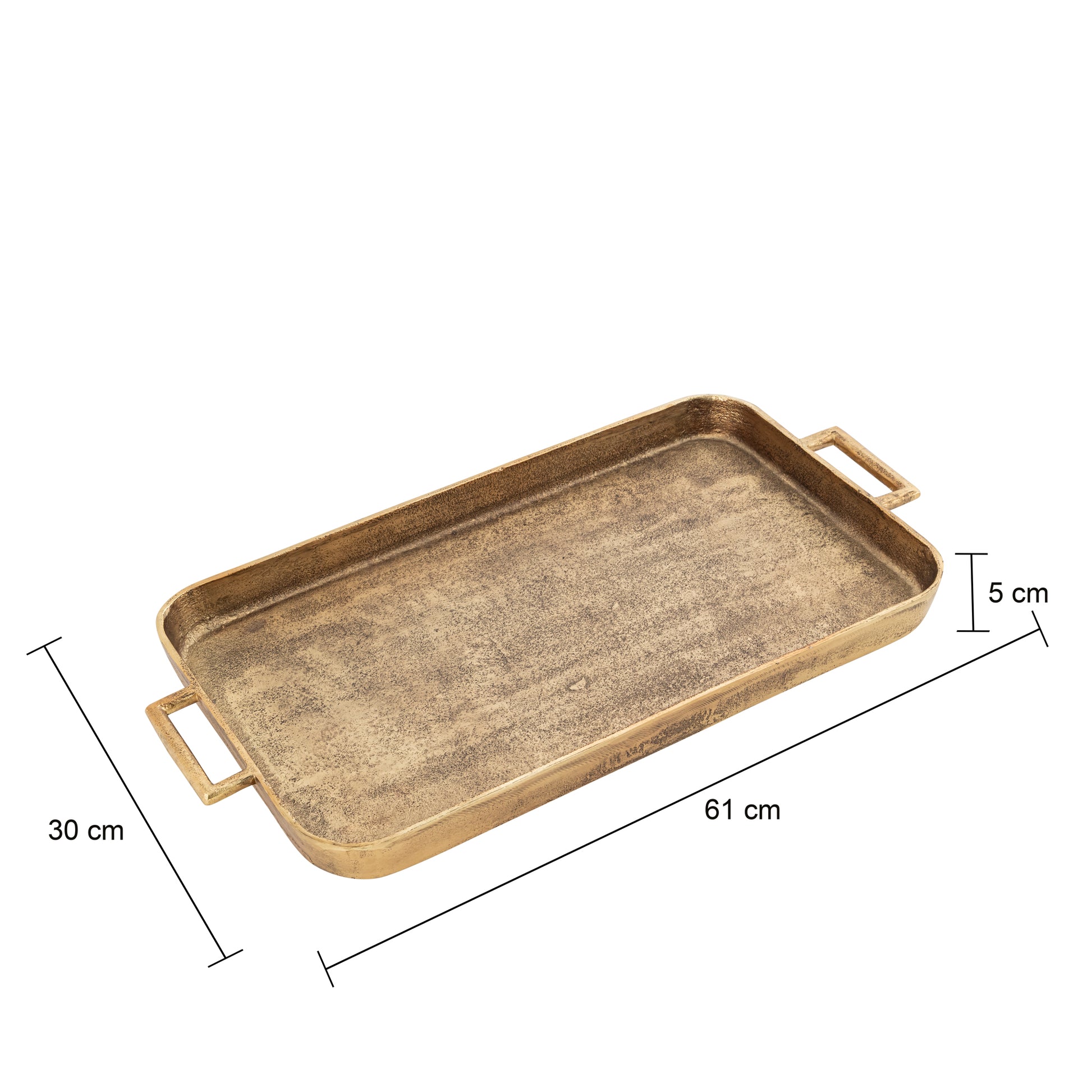 Brass-colored tray with handles and dimensions labeled on a white background