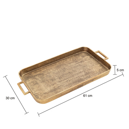 Brass-colored tray with handles and dimensions labeled on a white background
