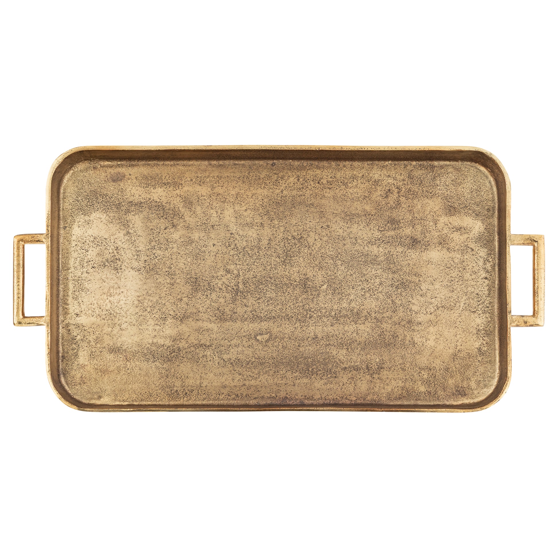 Rectangular brass tray with handles on a white background