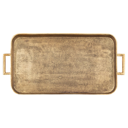 Rectangular brass tray with handles on a white background