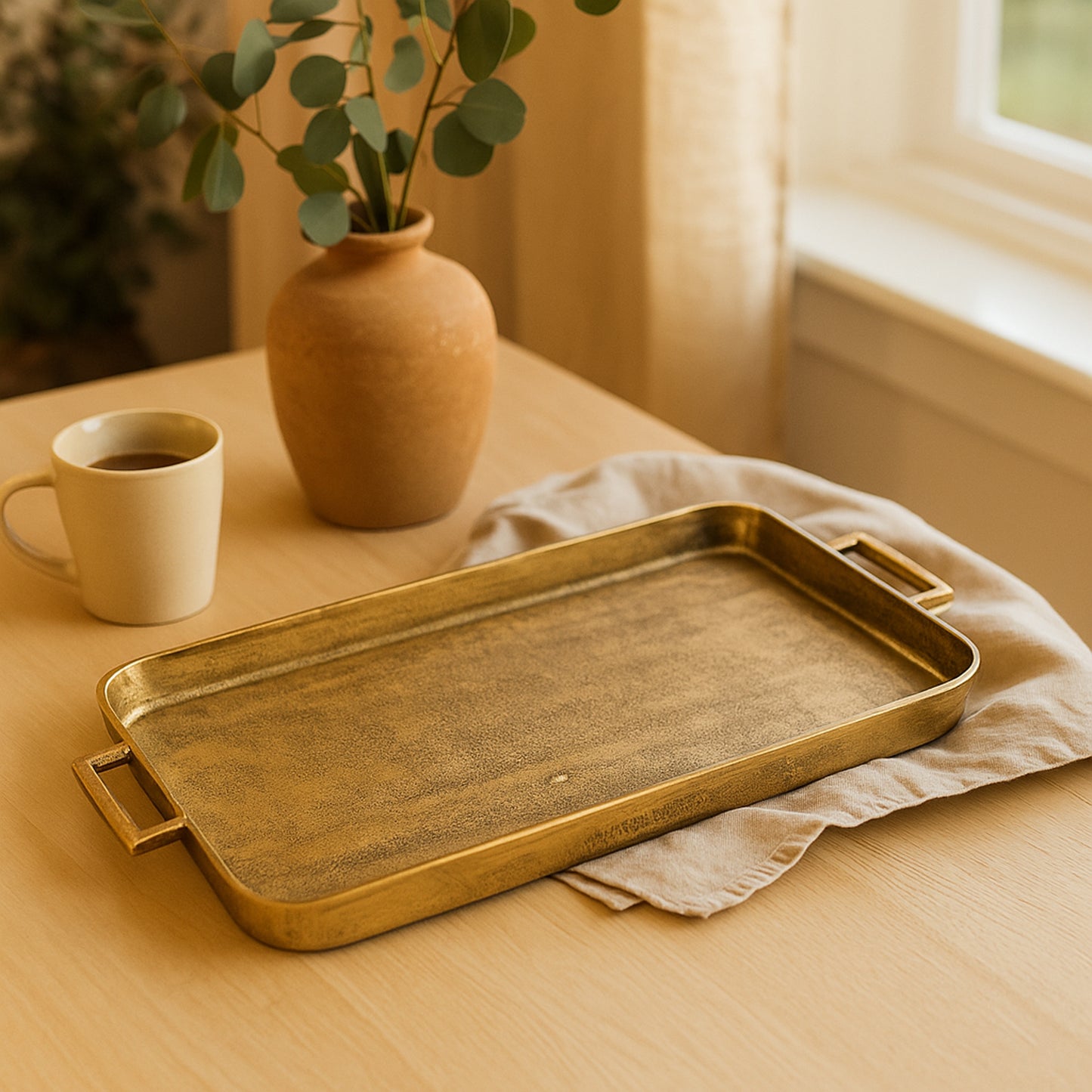 Gold tray on a wooden table
