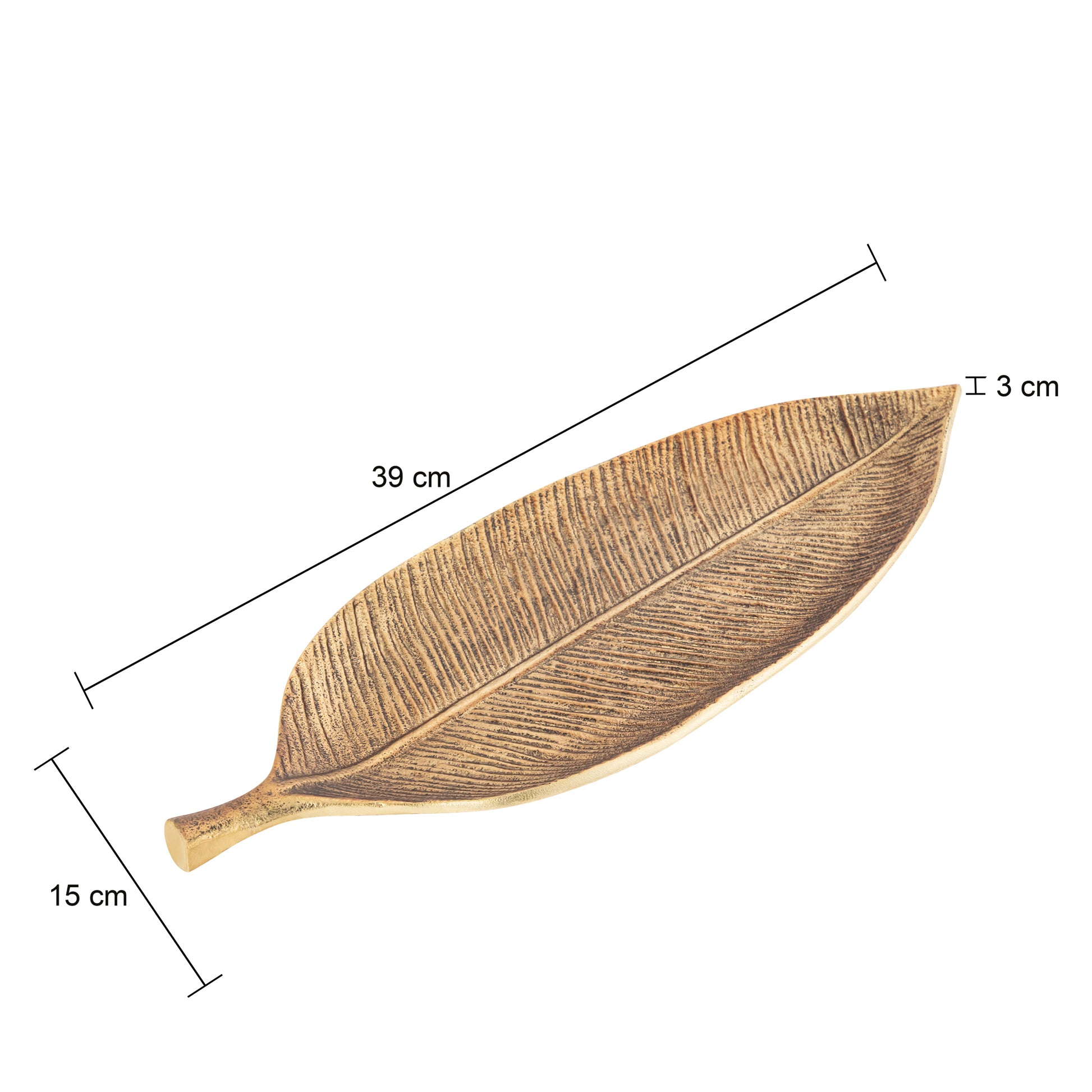 Leaf-shaped decorative tray with dimensions on a white background