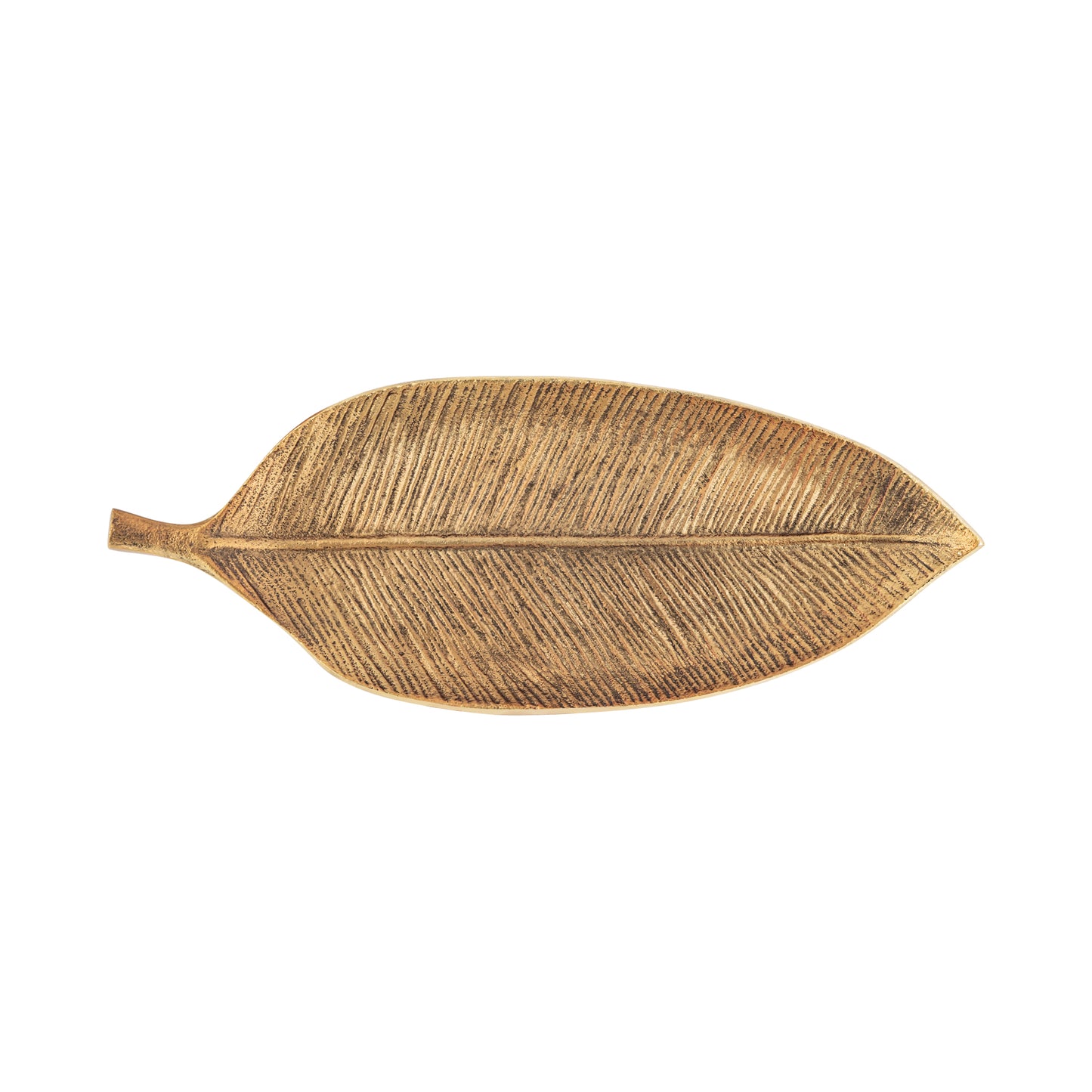 Gold leaf-shaped decorative tray on a white background