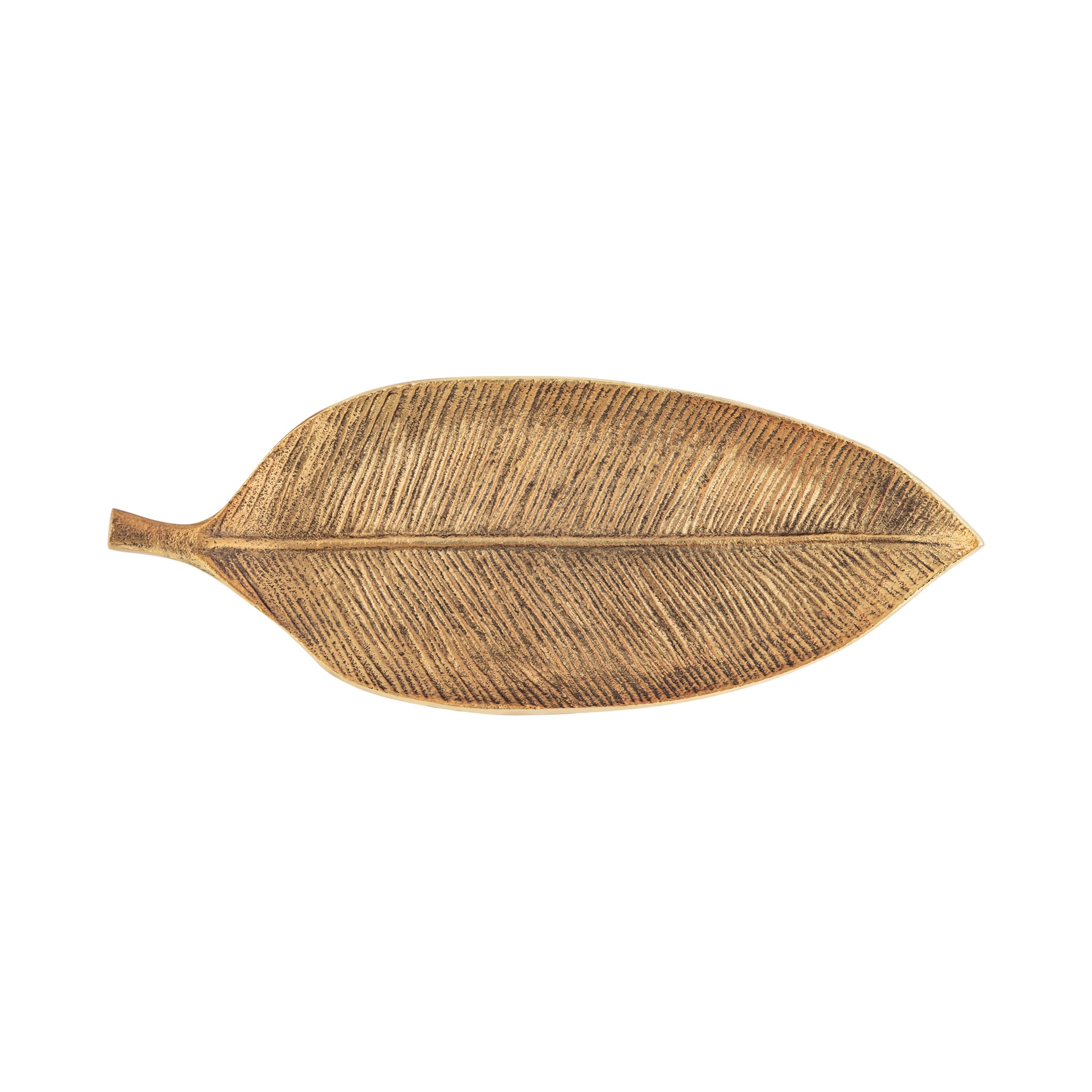 Gold leaf-shaped decorative tray on a white background