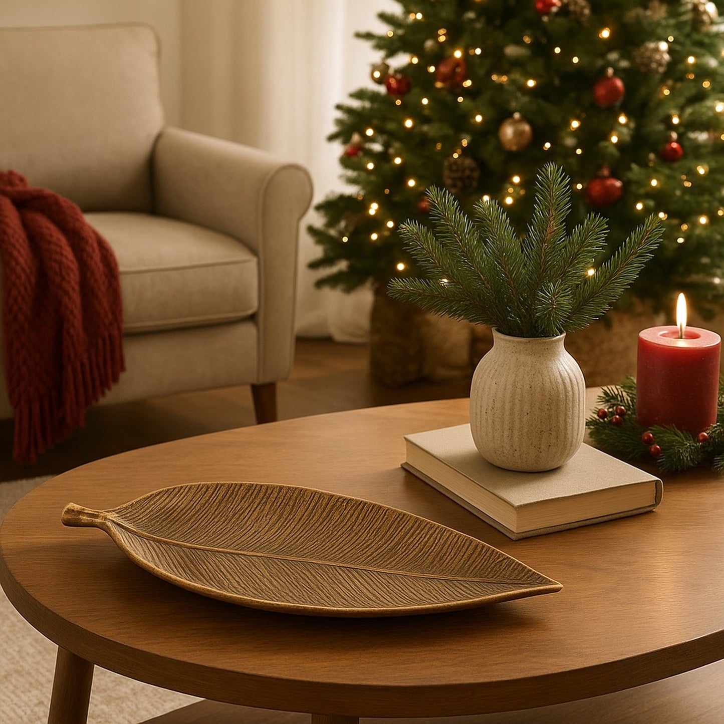 Gold leaf-shaped tray on a wooden surface